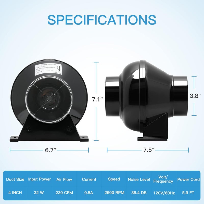 I-Power 4 Inch 230 CFM Inline Duct Ventilation Fan Quiet Vent Blower for Hydroponics Grow Tent, Greenhouse Air Circulation, Upgrade - Image 3